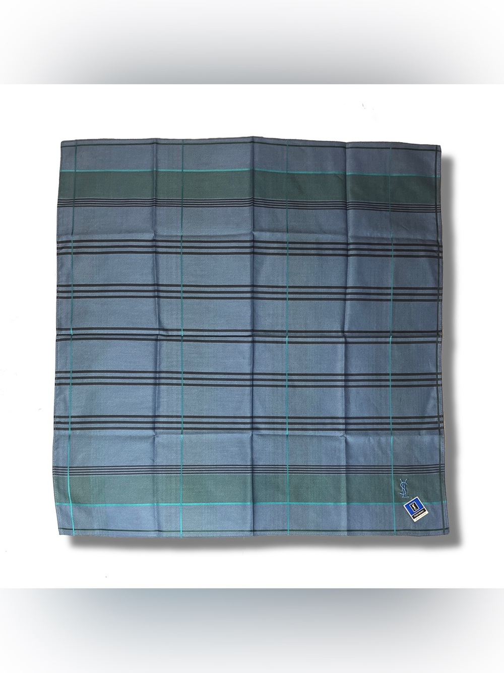 Vintage YSL Cotton Pocket Square Plaid 18.5” Japan Kawabe Co NWT Logo Blue Navy